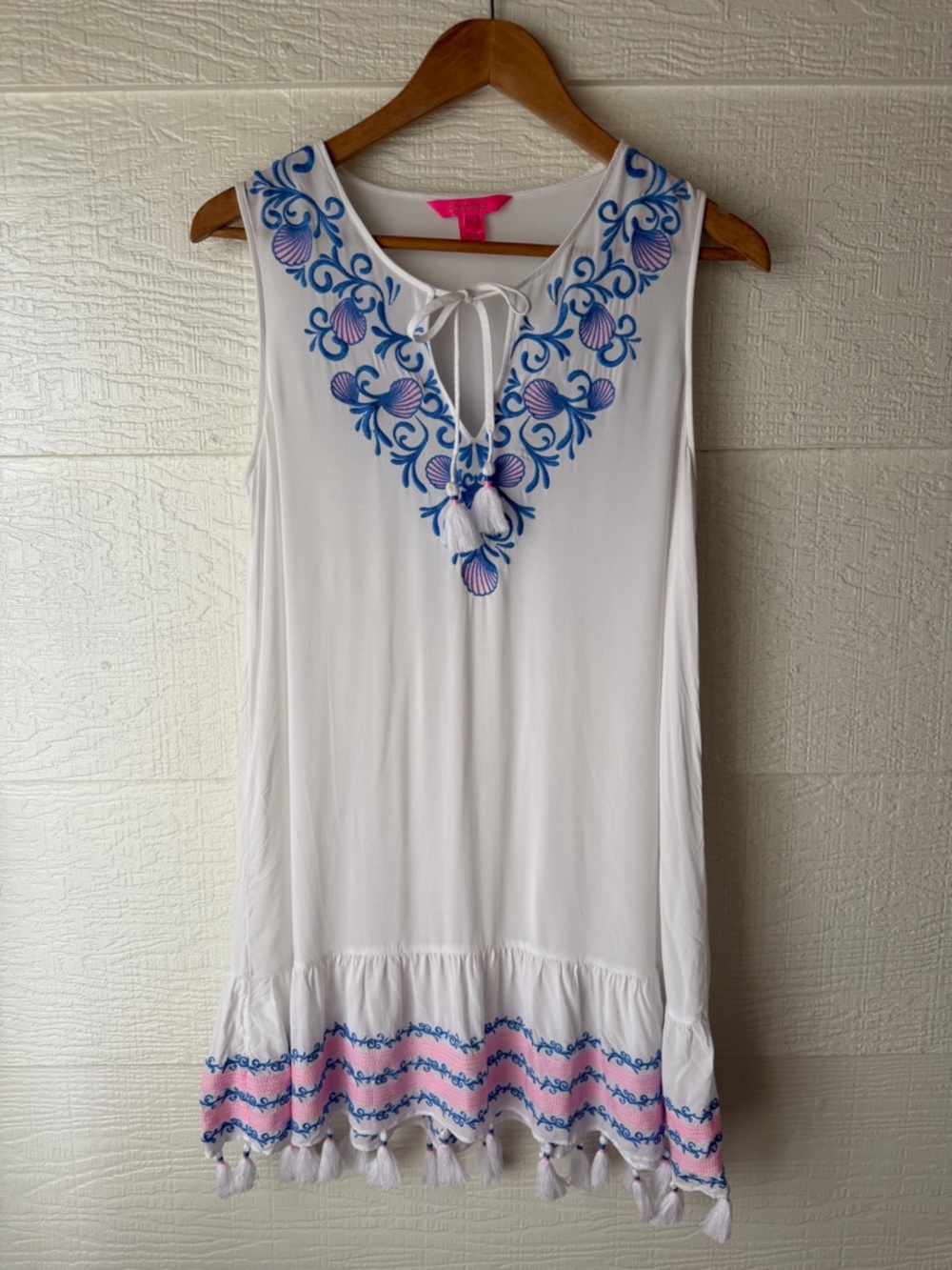 Lilly Pulitzer White Embroidered Tassel Hem Cover Up Dress Small